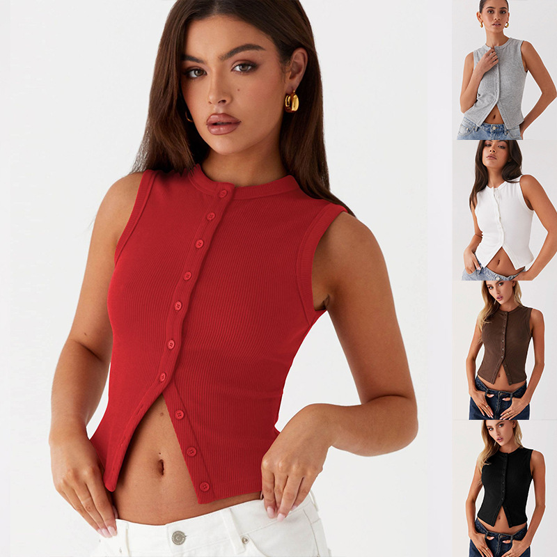 Tank Top Ribbed - Ribbed Tank Button Crop Top Y2K
