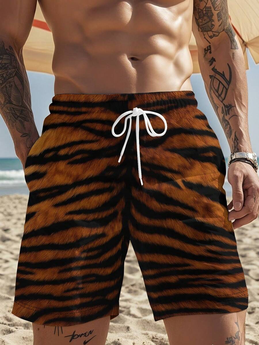 Trunk Breathable Men - Mens Tiger Print Beach Shorts Brown