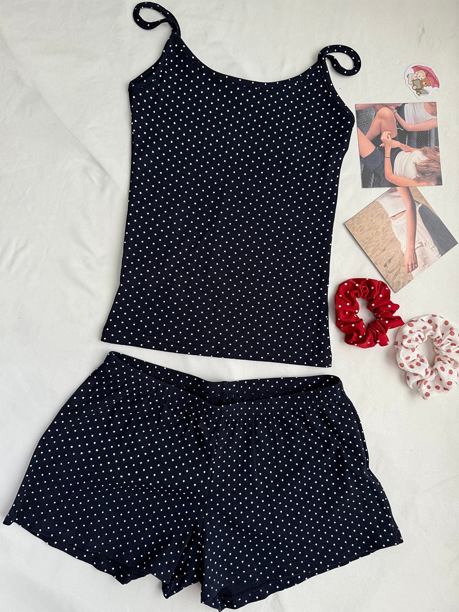Navy Dot Ribbed Shorts Sets Wo - Tank Top Ribbed avis et prix